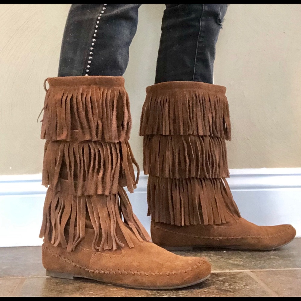 LC Lauren Conrad Layered Fringed Moccasin Boots